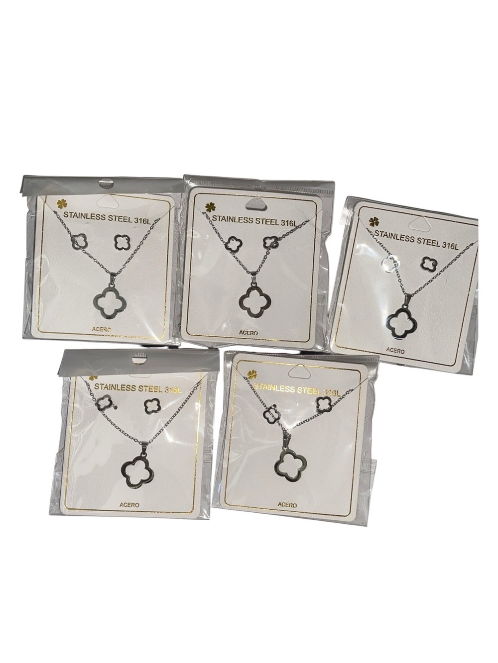 FIVE SETS BEAUTIFUL STAINLESS STEEL CLOVER EARRINGS & NECKLACE SETS - Picture 2 of 2